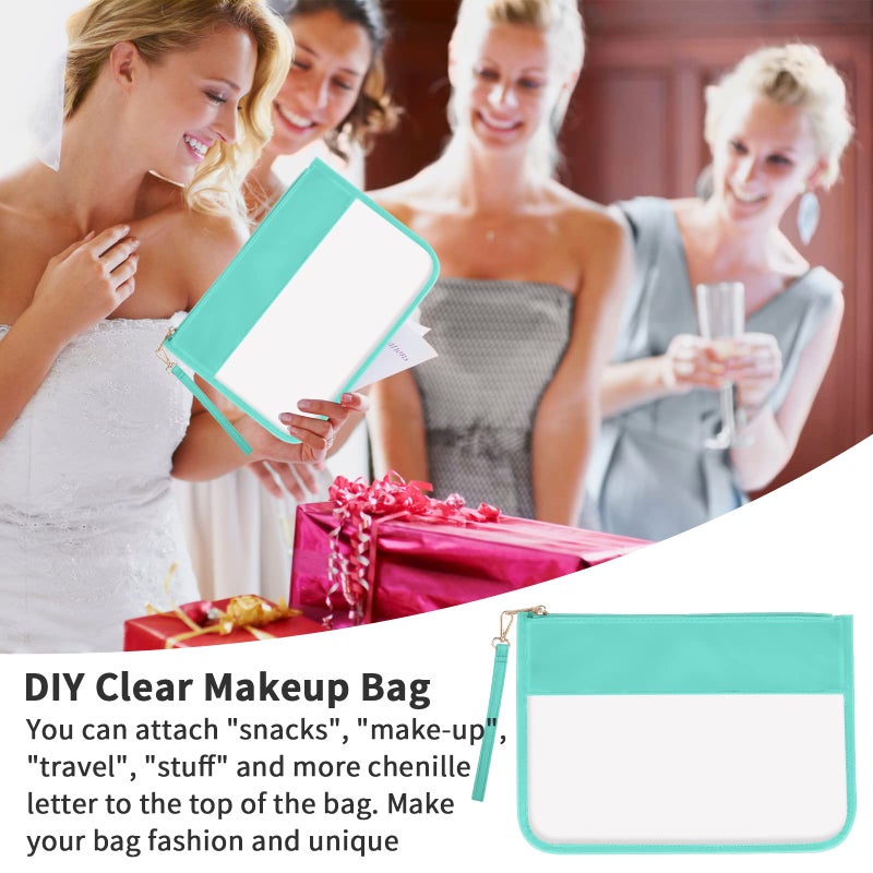 Iqimott Clear Zipper Pouch, DIY Clear Makeup Cosmetic Bag Purse for Women Girls, Chenille Letter Travel Toiletry Bag(Green) - Image 5